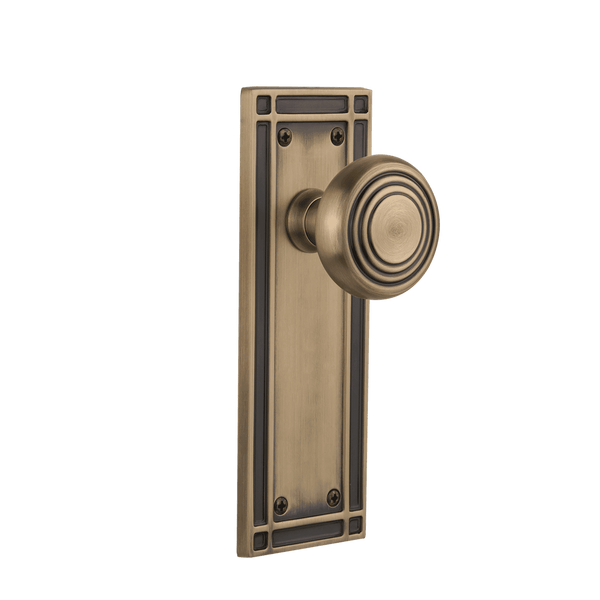 Mission Long Plate with Deco Knob in Antique Brass