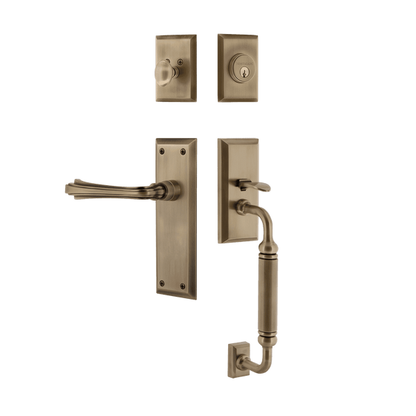 New York Handleset with C-Grip and New York Long Plate with Fleur Lever in Antique Brass