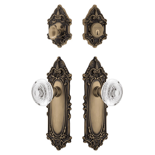 Victorian Entry Set with Crystal Egg & Dart Knob in Antique Brass