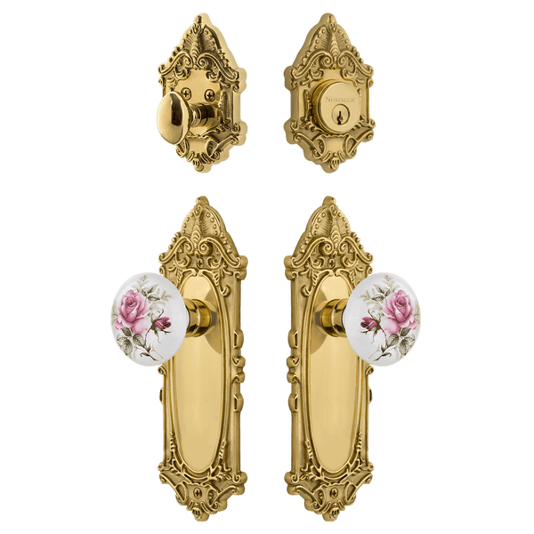 Victorian Entry Set with White Rose Porcelain Knob in Polished Brass